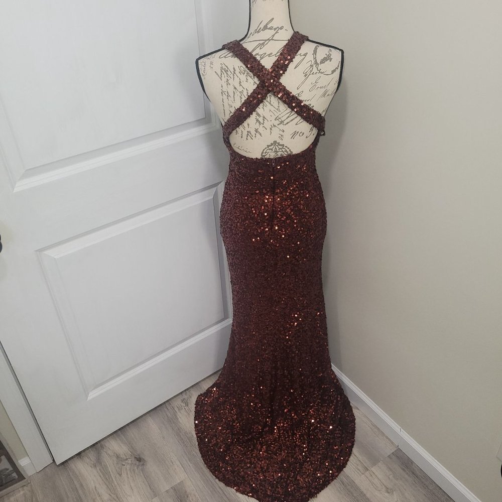 B. Darlin Sequin copper embellished split him mermaid style ball gown size 3/4 - Picture 15 of 16